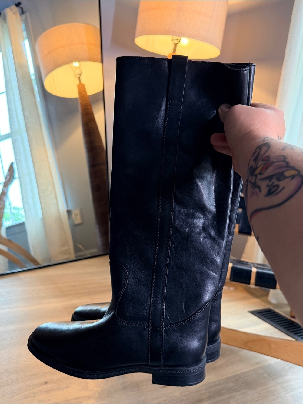 Classic Black Leather Knee-High Heeled Boots